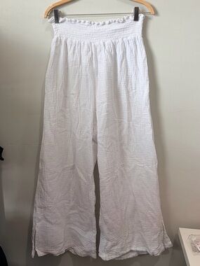 Our Dreamers White Gauze Smocked Wide Leg Cover Up Pants Side Slit 1X